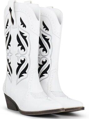 Women's White Synthetic Rodeo Boots Toe Chunky Heel Classic Cowgirl Shoes